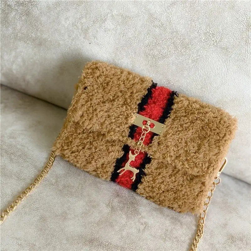 Hand-Woven Fleece Line Grid Homemade Diy Material Bag Plush One-Shoulder Messenger Bag