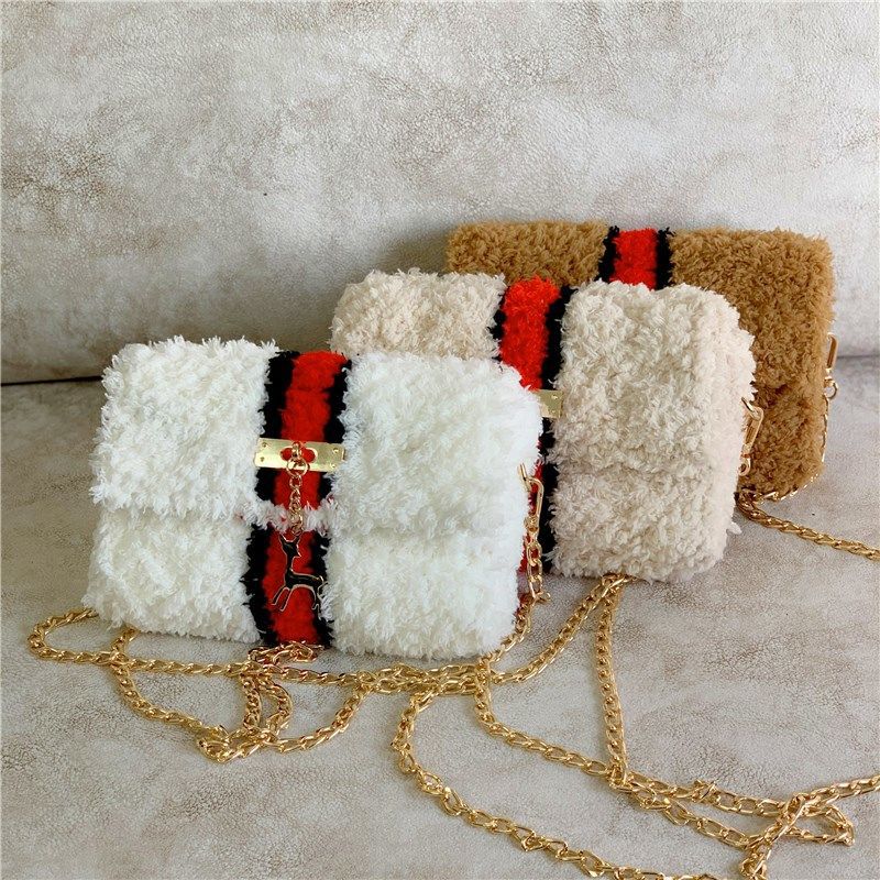 Hand-Woven Fleece Line Grid Homemade Diy Material Bag Plush One-Shoulder Messenger Bag