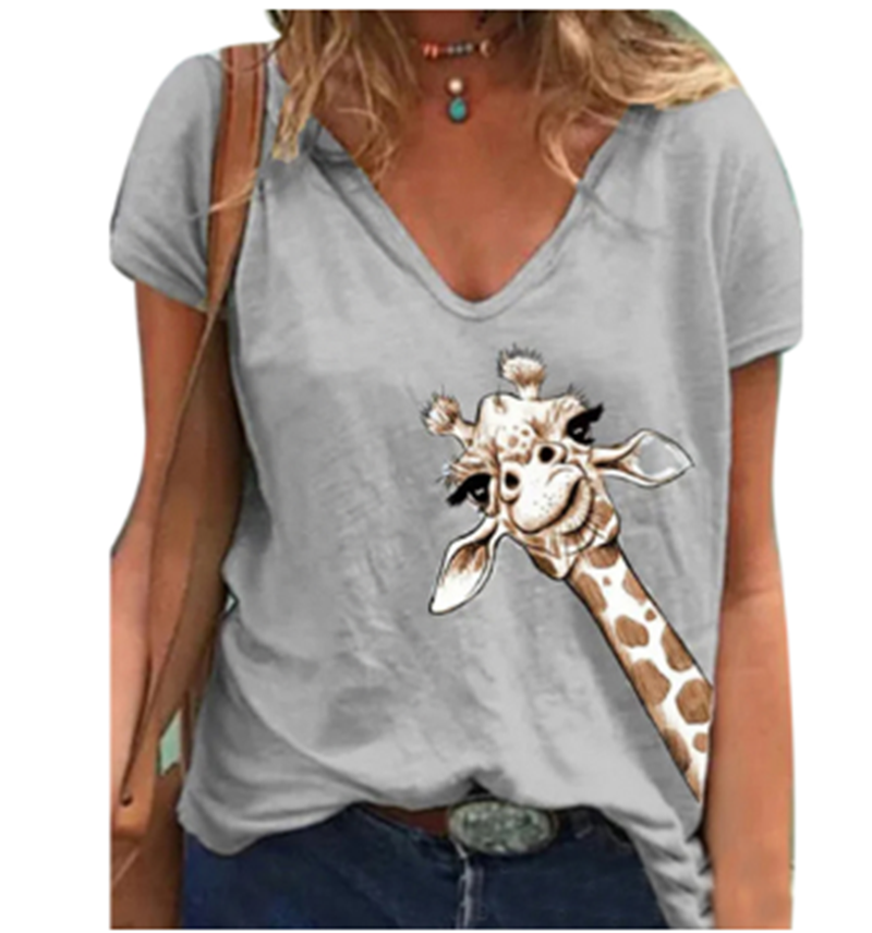 Ladies Casual V-neck Short Sleeve Animal Print T-shirt Top