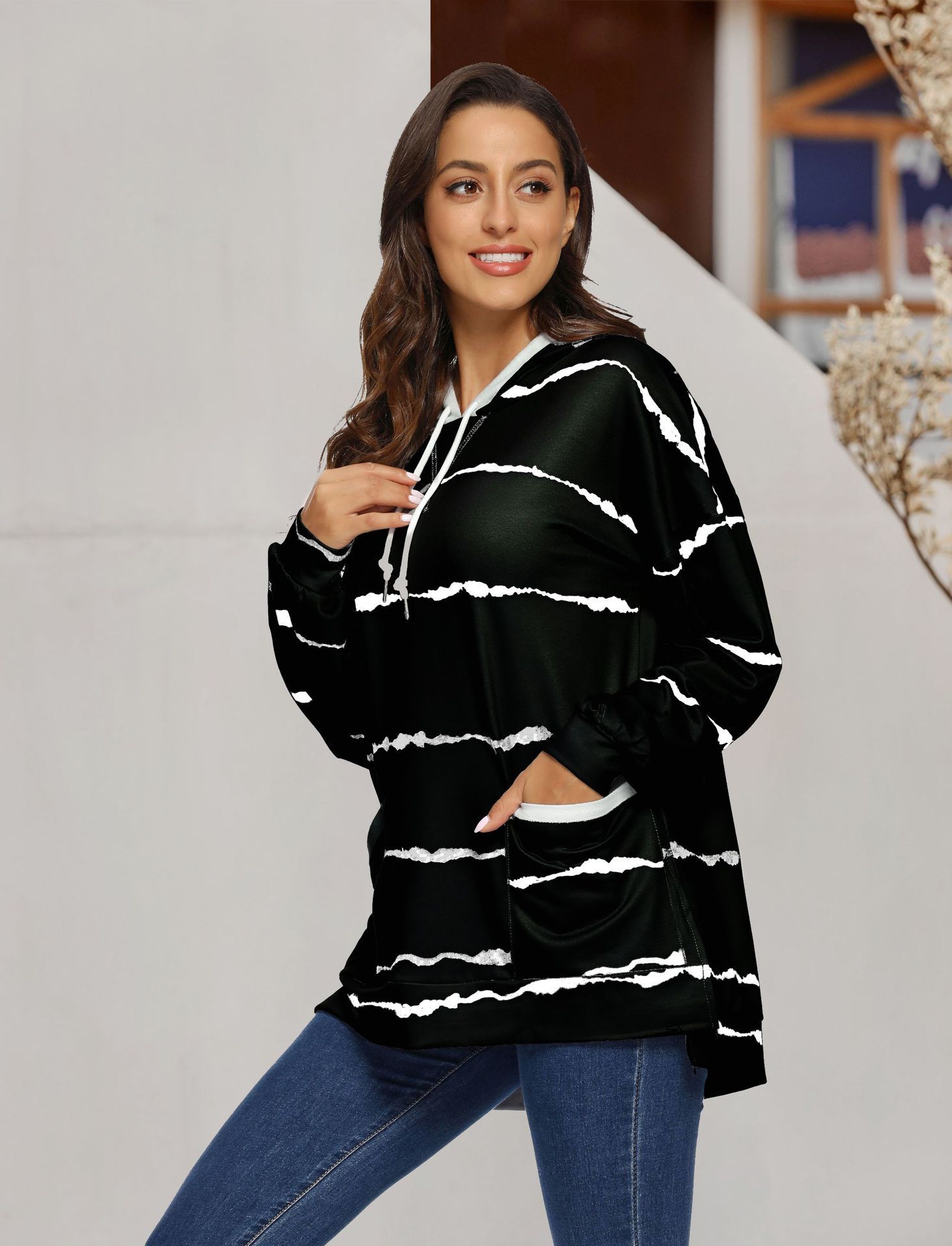 Tie-Dye Printed Striped Hooded Loose Long-Sleeved Sweatshirt