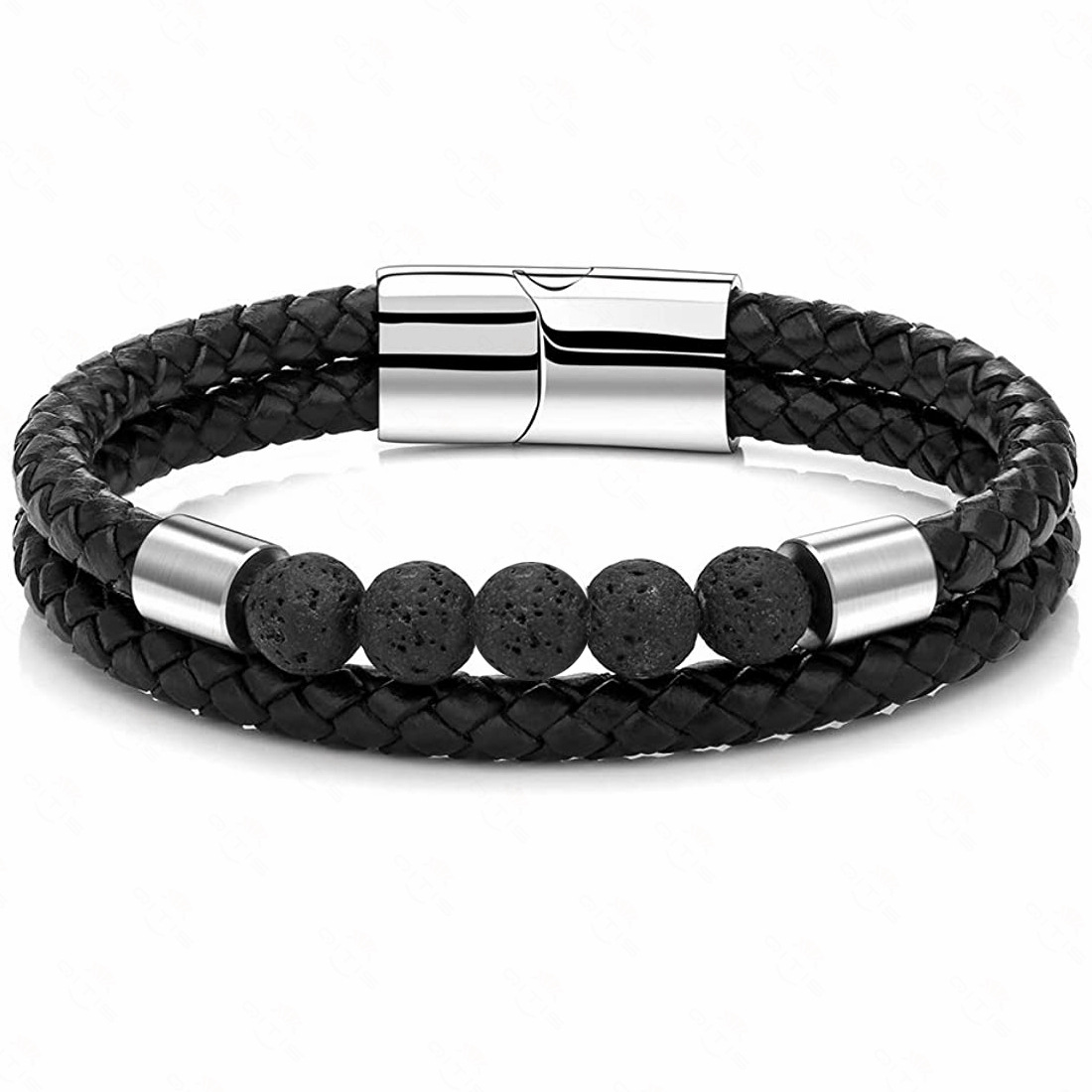 Punk Style Stainless Steel Genuine Leather Bracelet Handmade Natural Tiger's Eye Lava Stone
