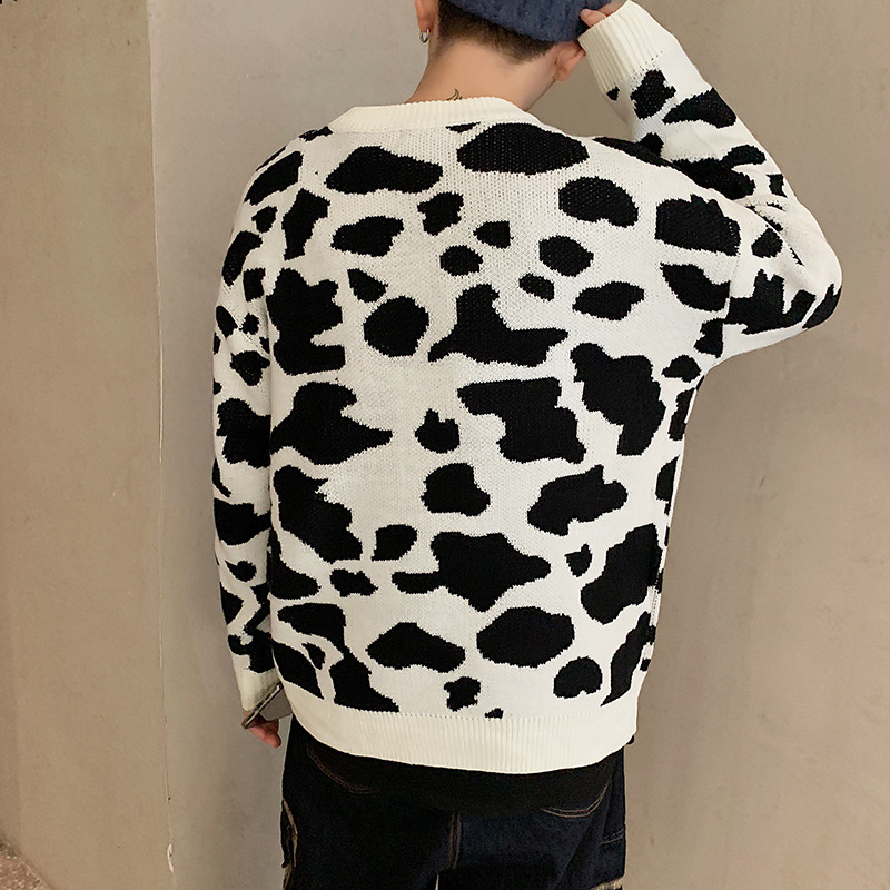 Cow Pattern Jacquard Loose And Thick Round Neck Sweater