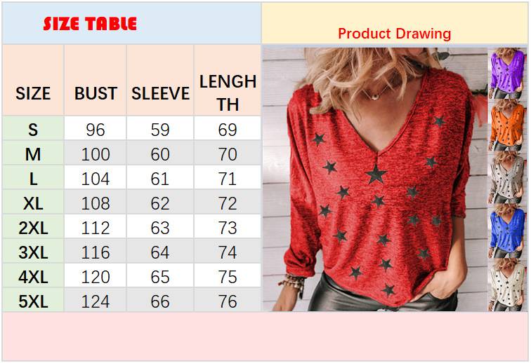 Title 1, Star Print V-Neck Long Sleeve Women T-Shirt