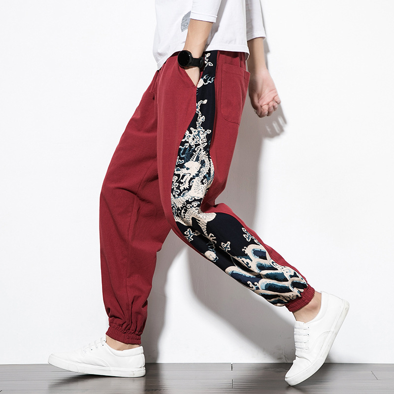 Ethnic Wind Dragon Pattern Combination Color Casual Pants