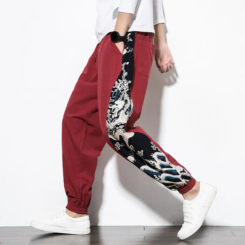 Ethnic Wind Dragon Pattern Combination Color Casual Pants