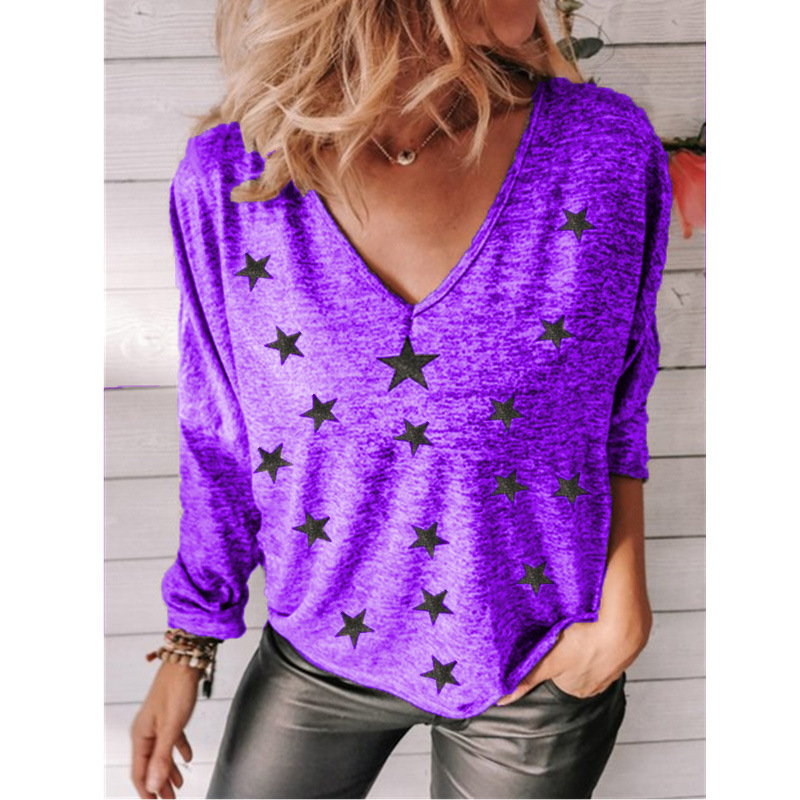 Title 2, Star Print V-Neck Long Sleeve Women T-Shirt