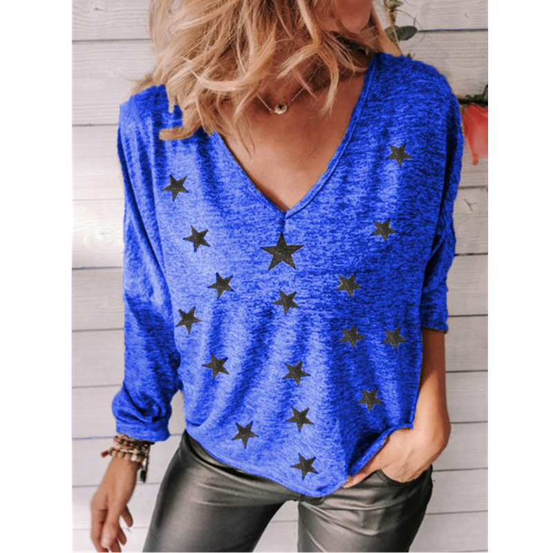 Title 3, Star Print V-Neck Long Sleeve Women T-Shirt