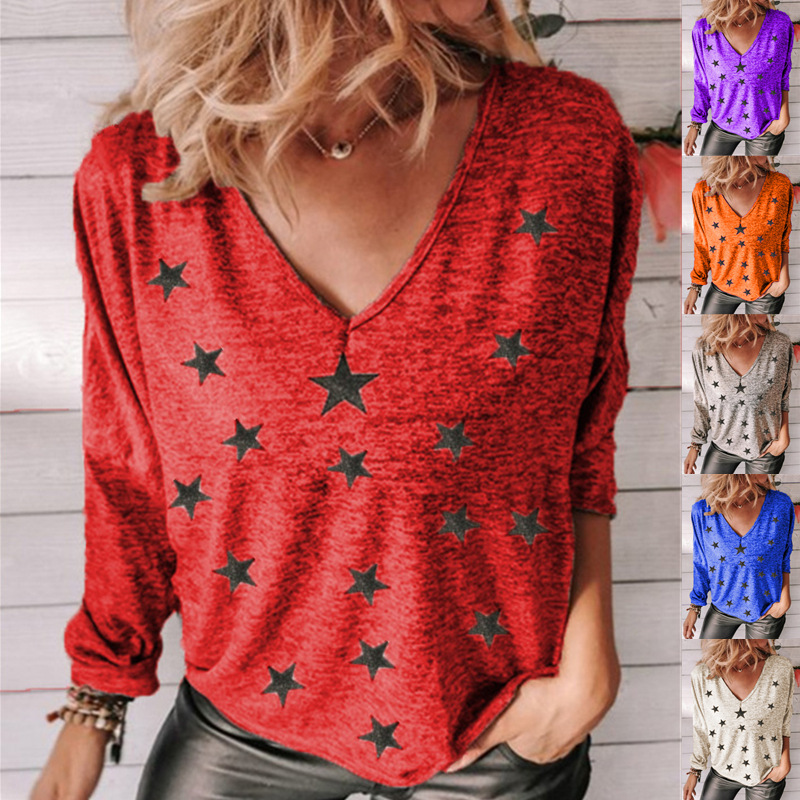 Title 4, Star Print V-Neck Long Sleeve Women T-Shirt