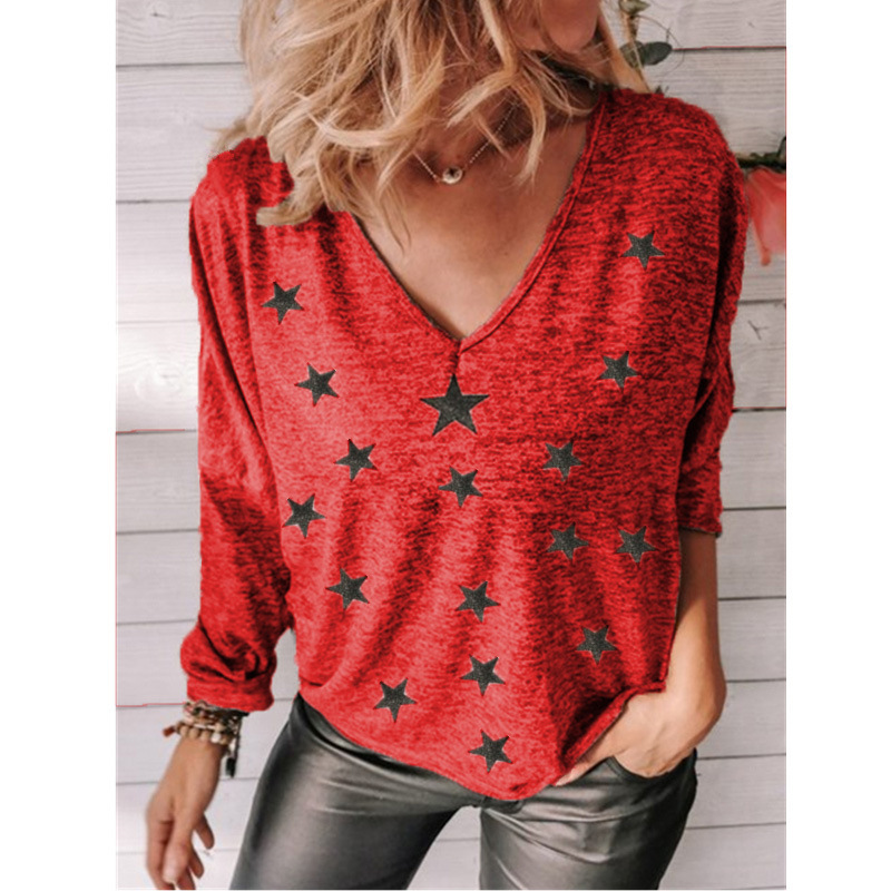 Title 6, Star Print V-Neck Long Sleeve Women T-Shirt