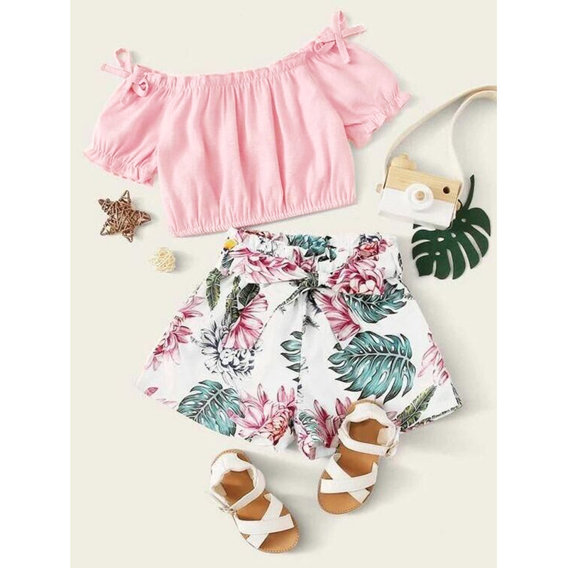 Two-Piece Suit Of Solid Color Short-Sleeved Top And Shorts