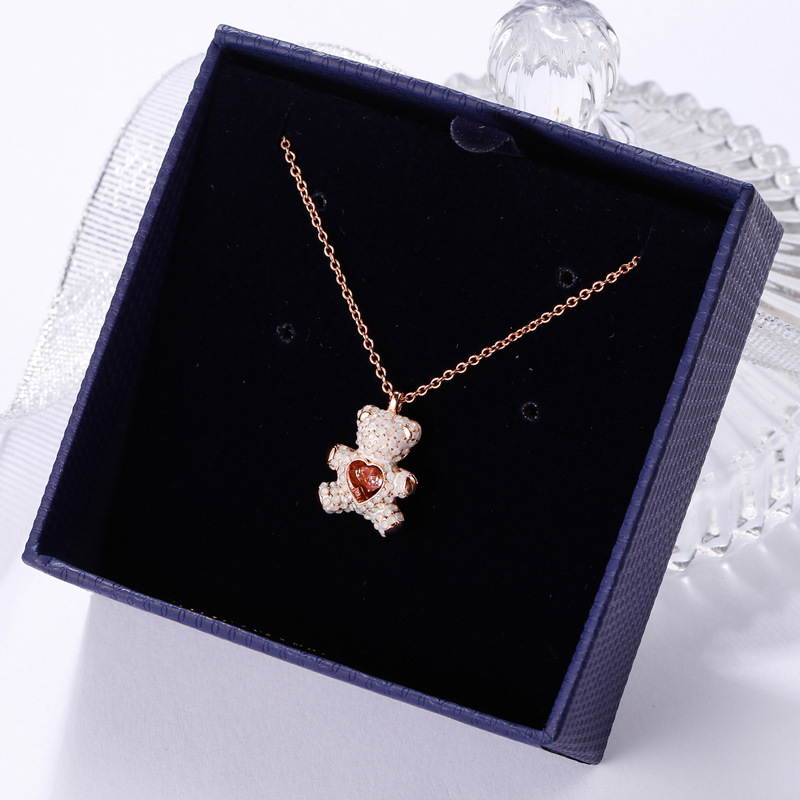 Pink Diamond Teddy Smart White Bear Necklace Flashing Heart Shape