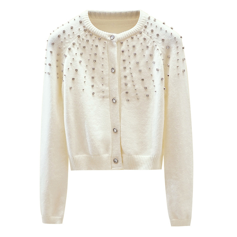 Autumn and winter new knitted cardigan women's jacket round neck beaded heavy high waist short thick base sweater sweater net red tide