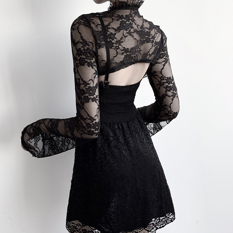 Flared Sleeve Black Stand Collar Long Sleeve Lace Top