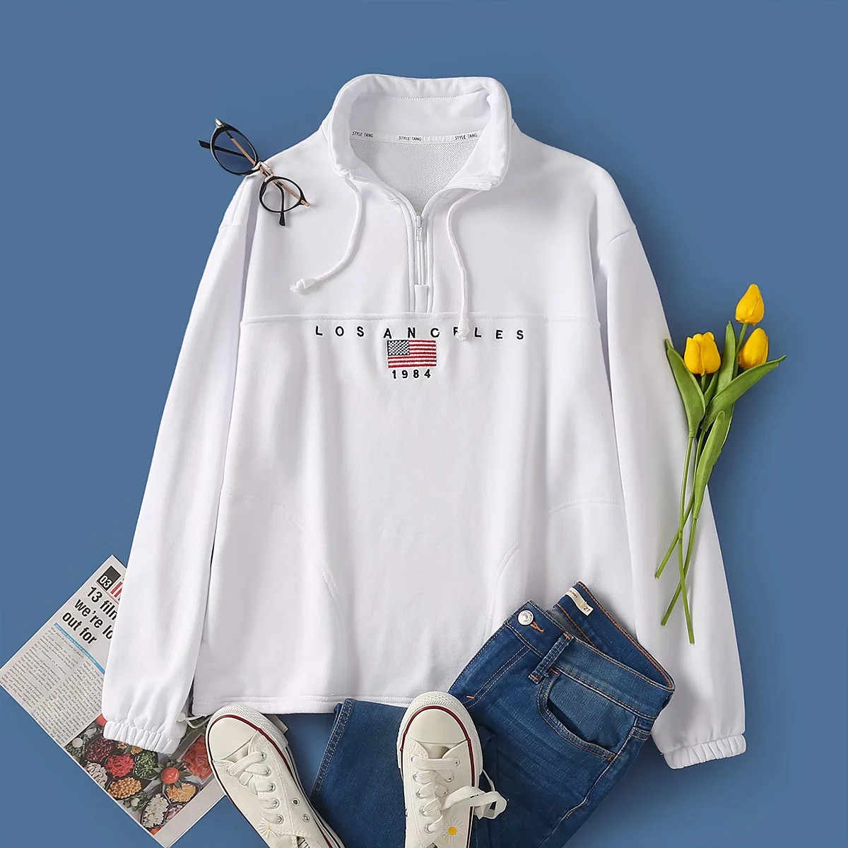 Flag Embroidery White Stand Up Collar Sweatshirt Tan - Shop at LoveMi