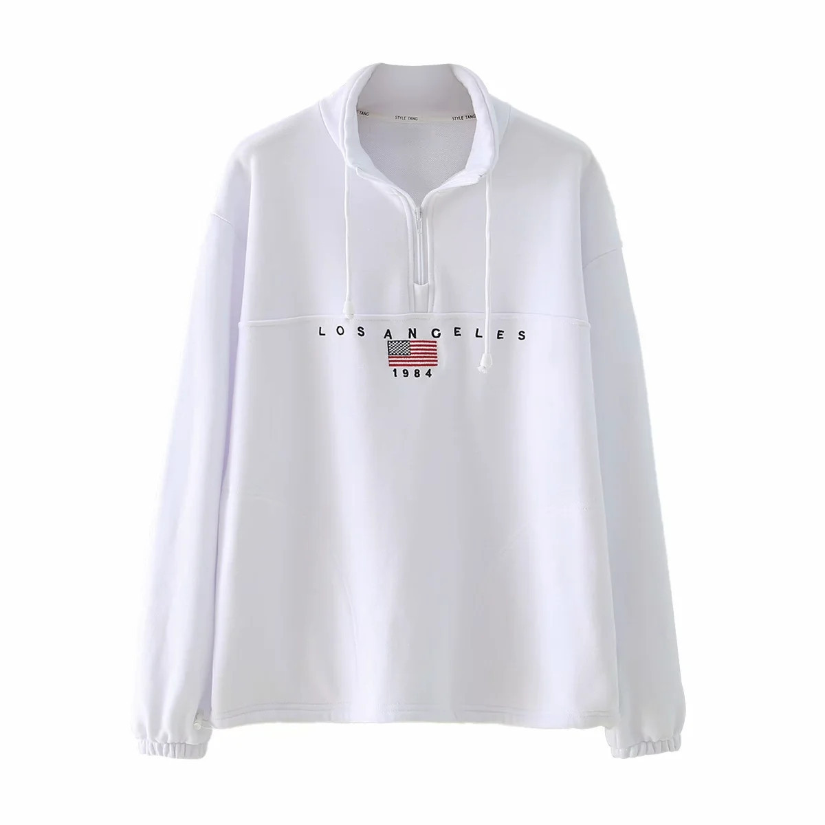 Flag Embroidery White Stand-Up Collar Sweatshirt