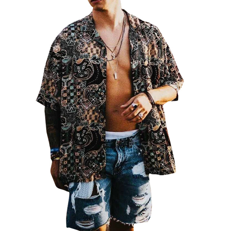 Men's Shirt New Hawaiian Black Beach Print Short Sleeve