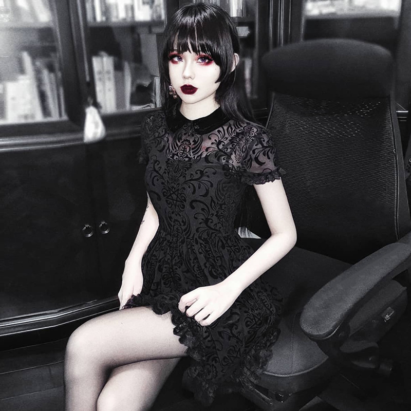 Dark Gothic Sexy Mesh Lolita Short Sleeve High Waist Dress