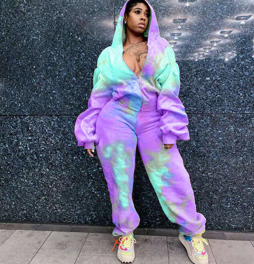 Tie-dye Printed Hooded Sweatshirt Sports Two-piece Suit