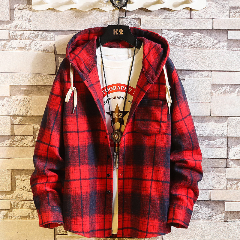 Men's Plaid Casual Long Sleeve Shirt Hooded Loose Large Size Men's Shirt