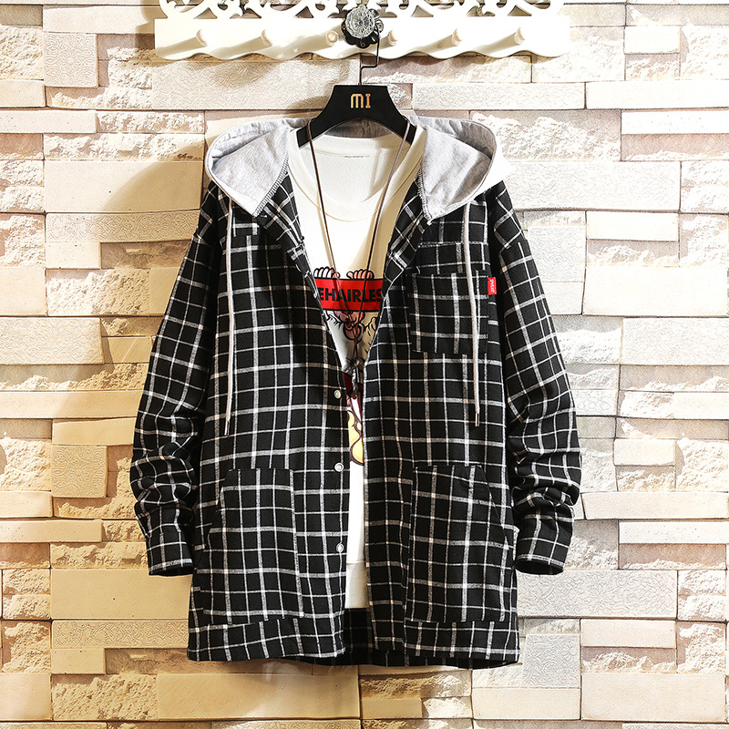 New Men's Fashion Japanese Plaid Hooded Long Sleeve Shirt Youth Casual Loose Shirt