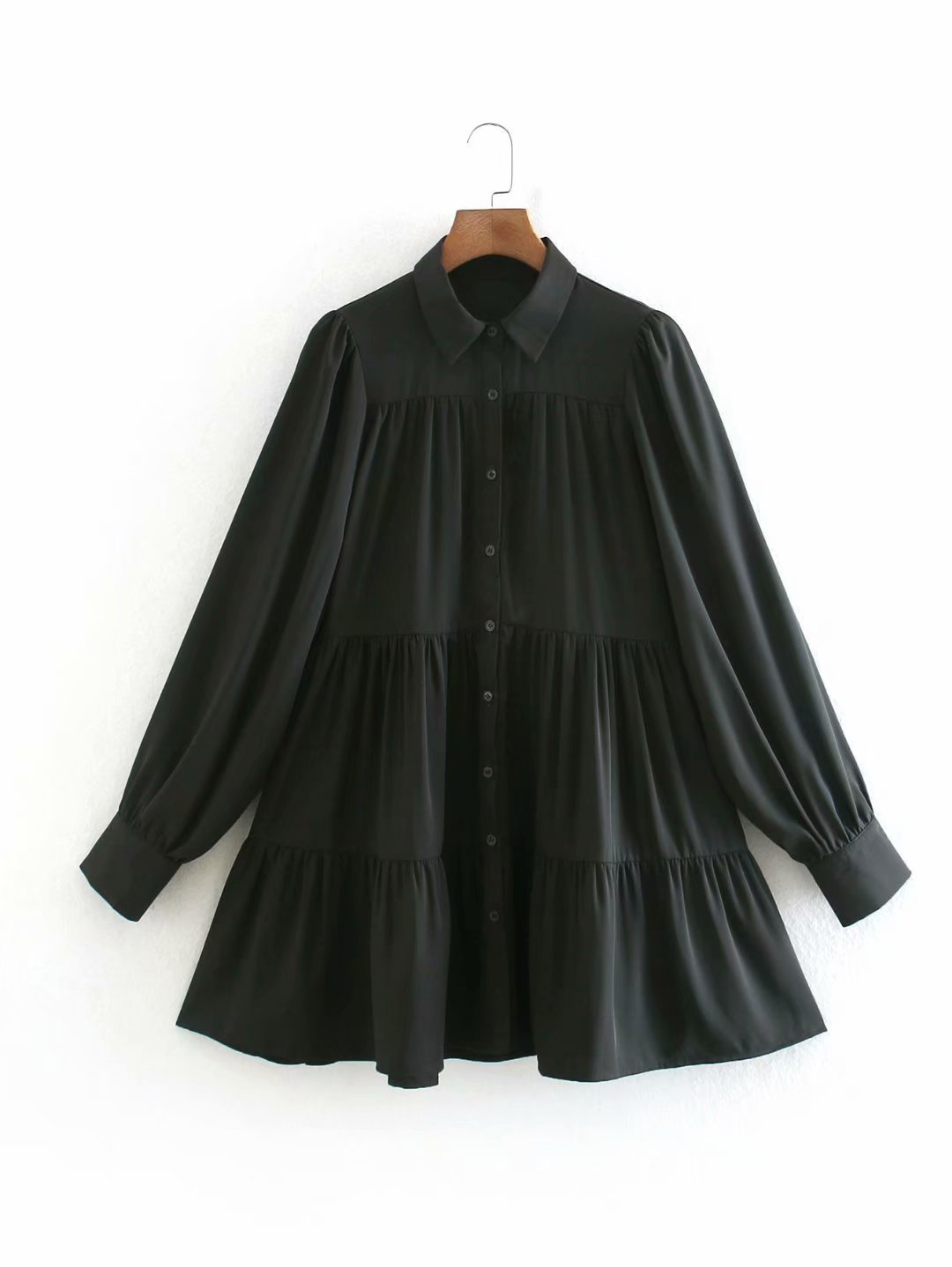  European And American Women's Black Wave Lapel Shirt Dress