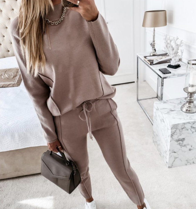 Turtle Neck Long Sleeve Fleece Trousers Two-Piece Women