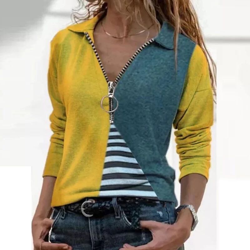 Spring And Autumn New Amazon Color Blocking Irregular Long Sleeve Top Women Wholesale