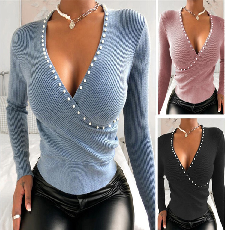 Title 1, Long Sleeve V-neck Slim Pearl Sexy Women