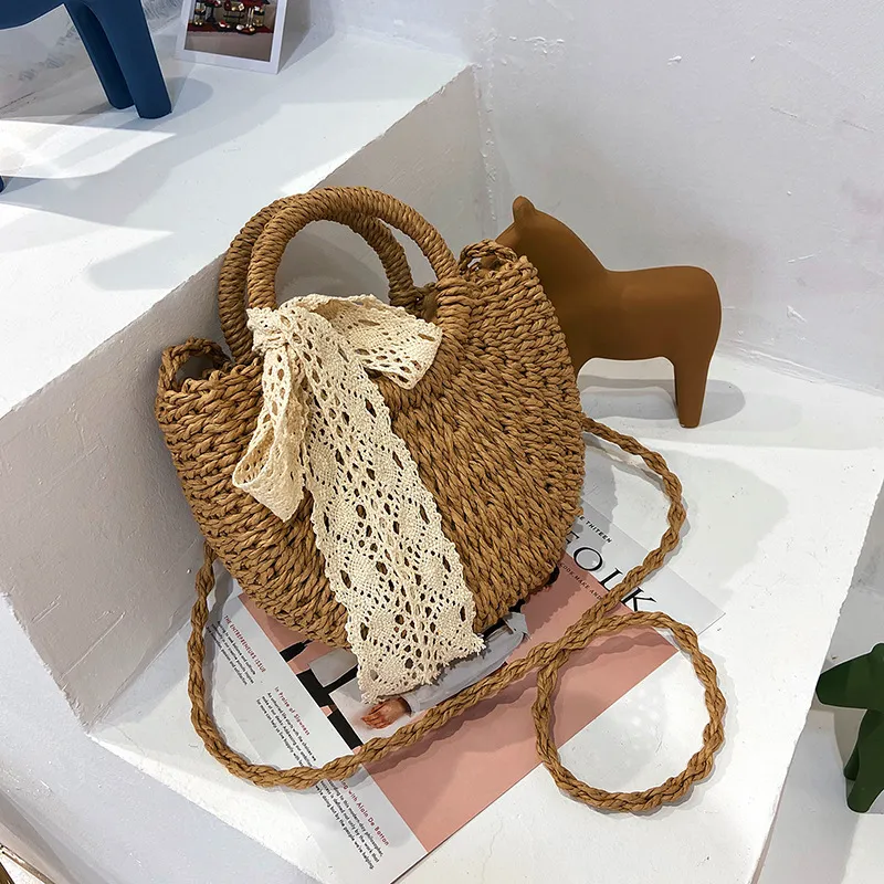 Fashion Western Lace Bow Straw Bag - Khaki