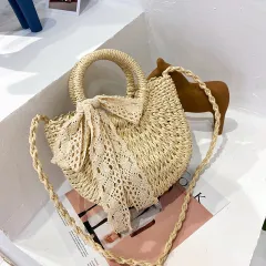 Fashion Western Lace Bow Straw Bag - Beige - View 1