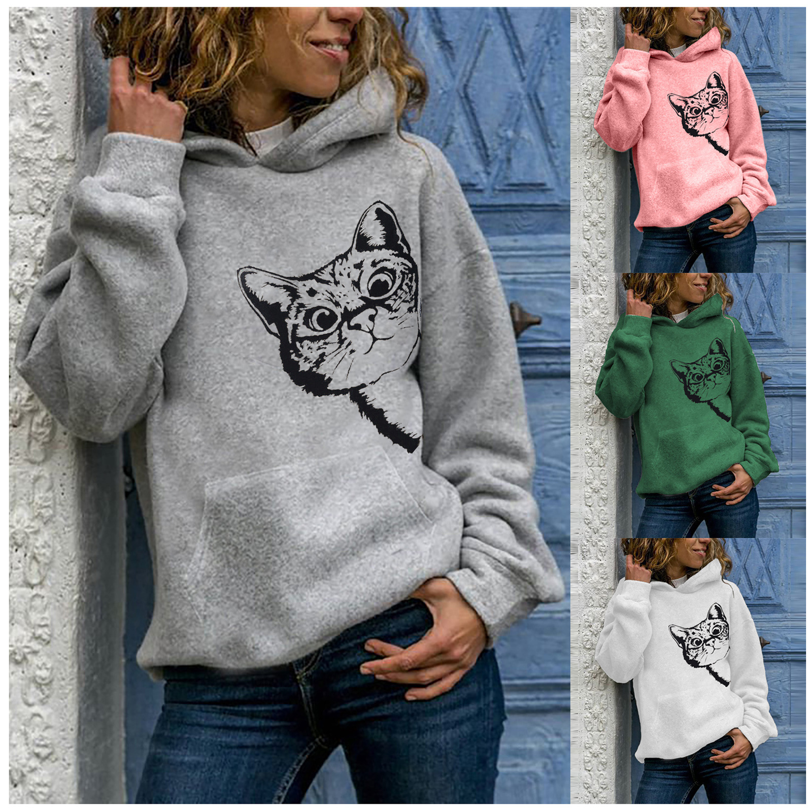 Title 7, Cat Pattern Printed Long-Sleeved Hooded Sweater...