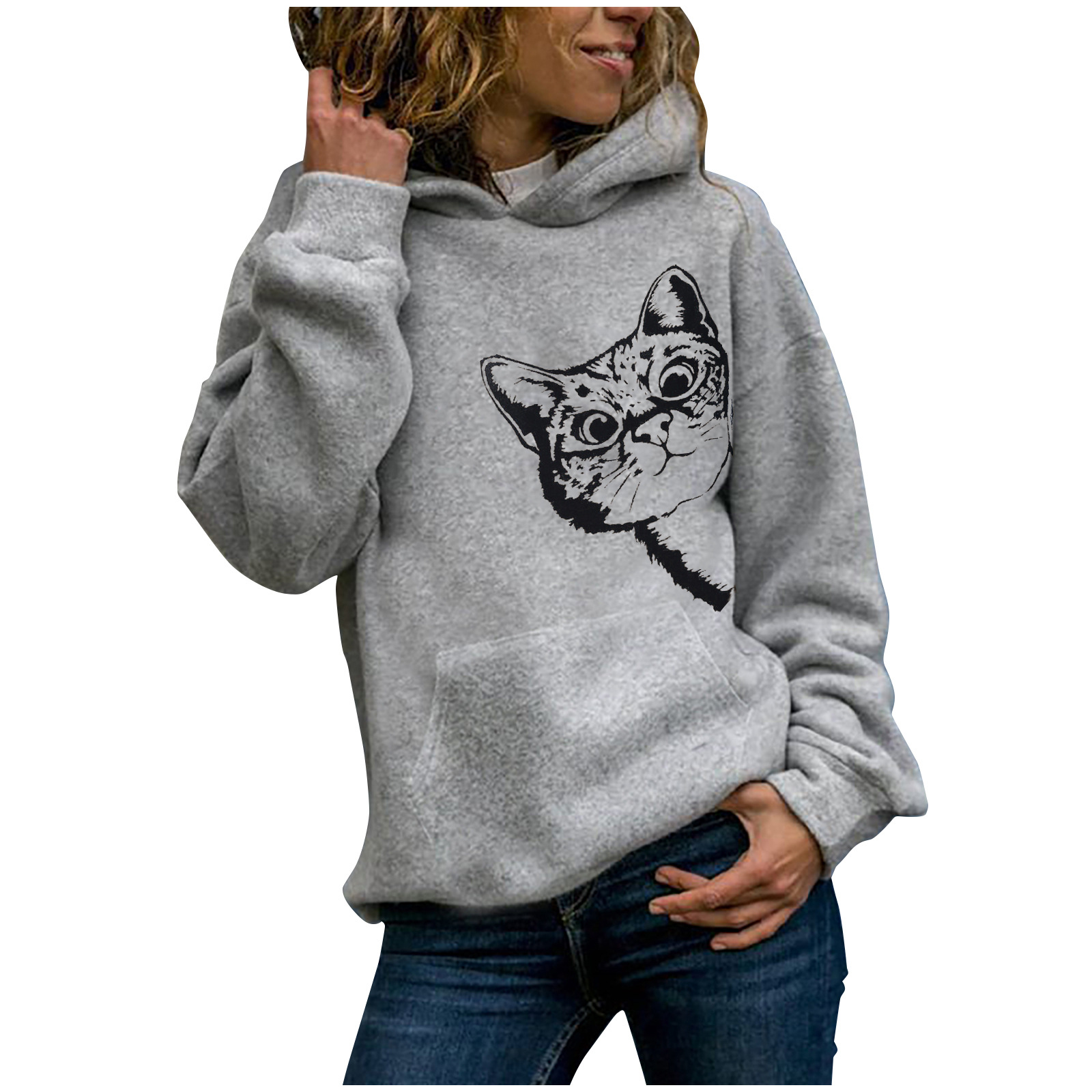 Title 2, Cat Pattern Printed Long-Sleeved Hooded Sweater...