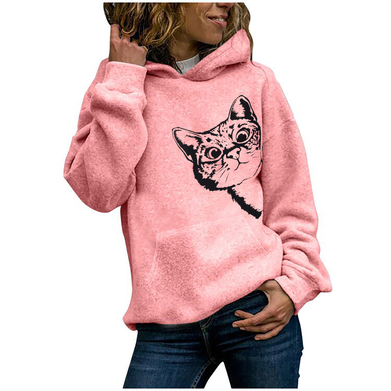 Title 3, Cat Pattern Printed Long-Sleeved Hooded Sweater...