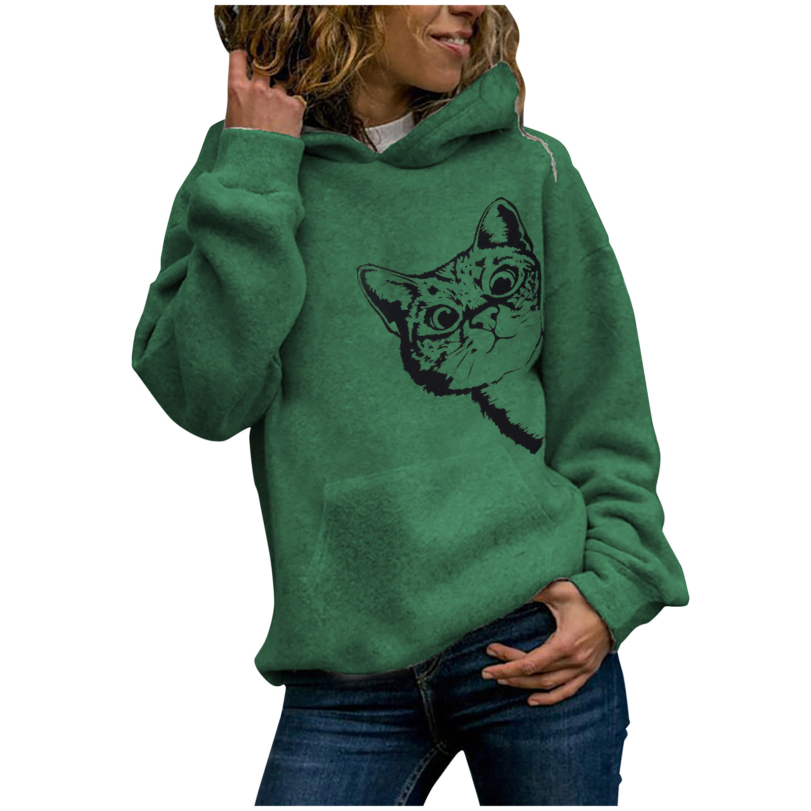 Title 4, Cat Pattern Printed Long-Sleeved Hooded Sweater...