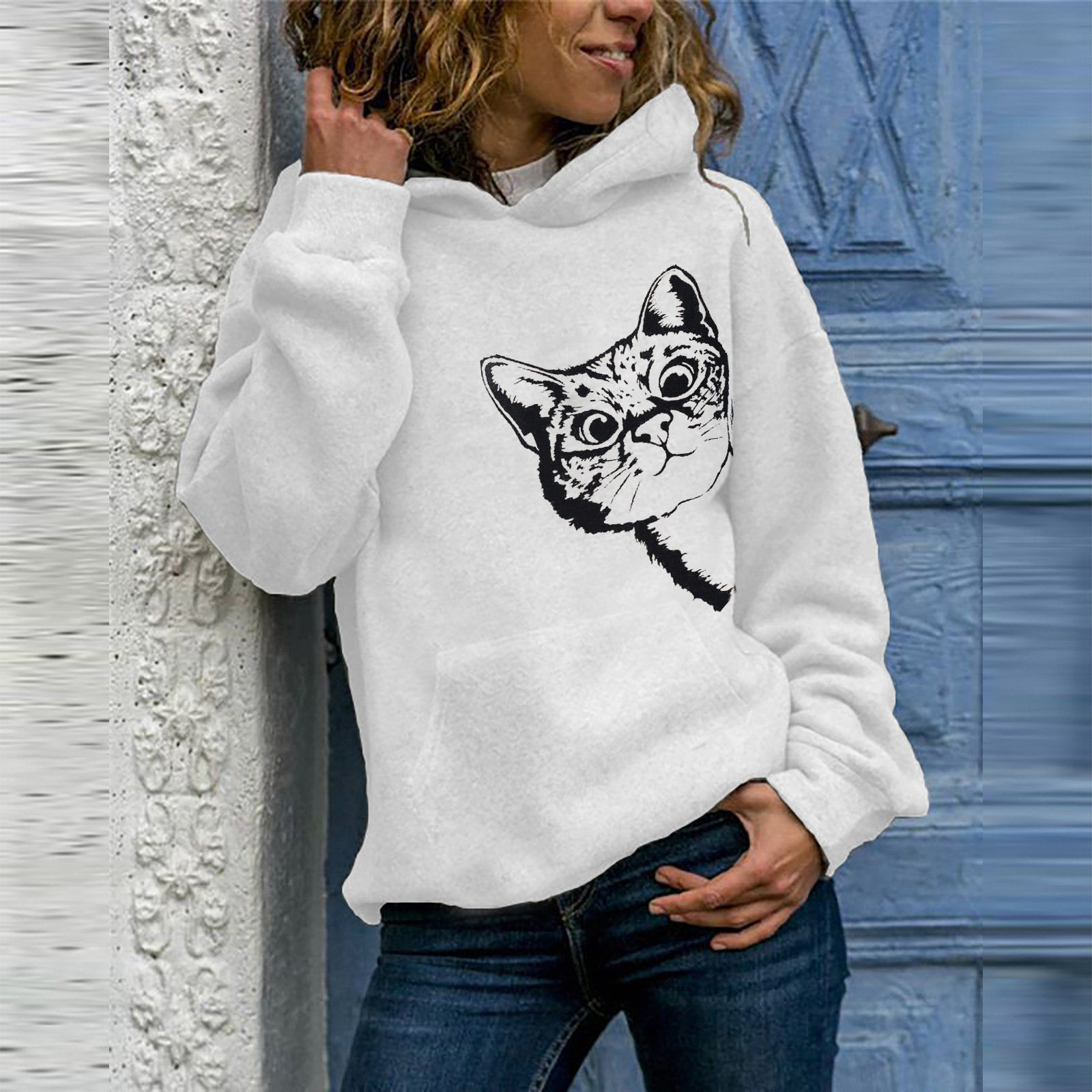 Title 6, Cat Pattern Printed Long-Sleeved Hooded Sweater...