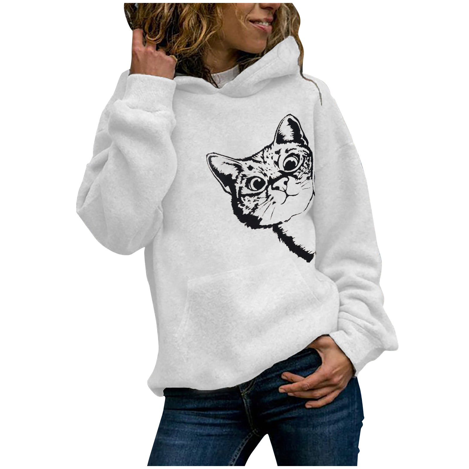 Title 5, Cat Pattern Printed Long-Sleeved Hooded Sweater...