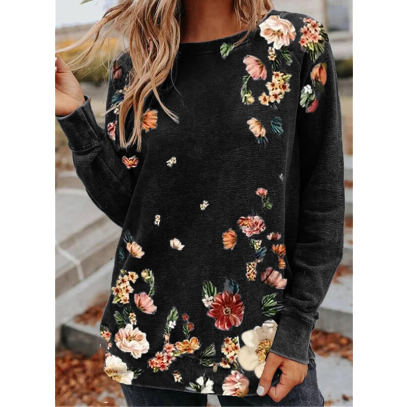 Loose Printed Pullover Round Neck Long Sleeve Top