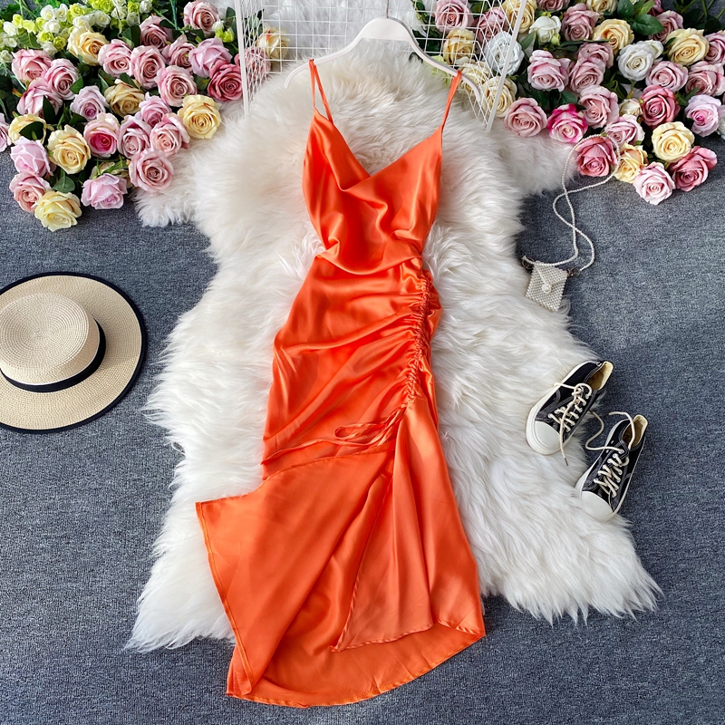 V-neck Halter Waist Drawstring Pleated Dress