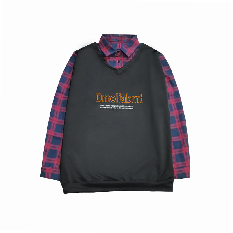 Sweatshirt Men's Loose Fake Two Piece Coat Plaid Student Top