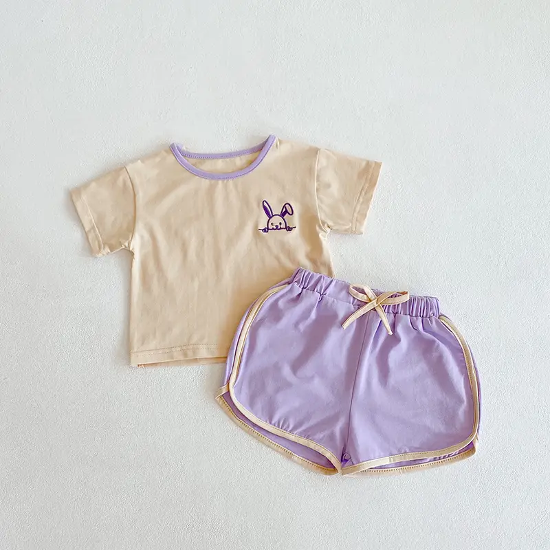 Summer Ins Baby Girl Color Contrast Embroidered Cotton T-Shirt  Pants Simple Two Piece Suit