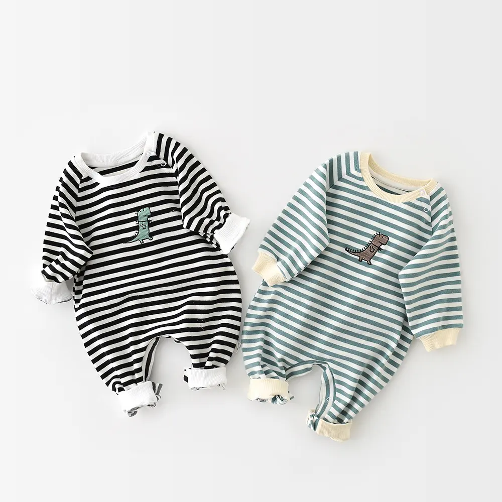 Male and Female Baby Cartoon Striped Dinosaur Embroidery Long-Sleeved
