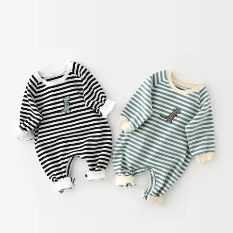 Male and Female Baby Cartoon Striped Dinosaur Embroidery Long-Sleeved