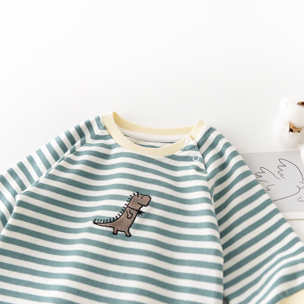 Unisex Striped Dinosaur Baby Jumpsuit – Premium Cotton Long-Sleeve Romper – Adorable & Comfortable Infant Playwear for Spring & Fall