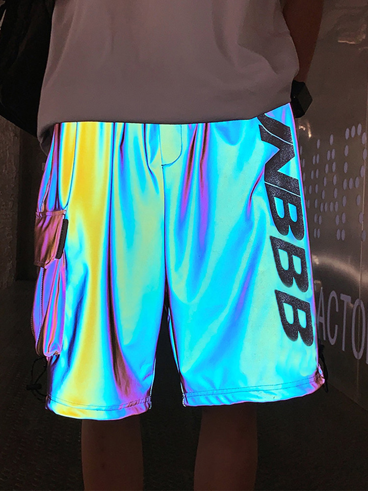 Laser Reflective Shorts Men's Trendy Brand Loose Straight Sports Colorful Shiny Tooling Five-Point Pants