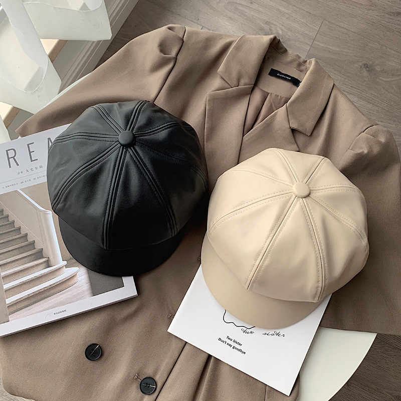 Leather Beret Octagonal Hat Female Autumn And Winter