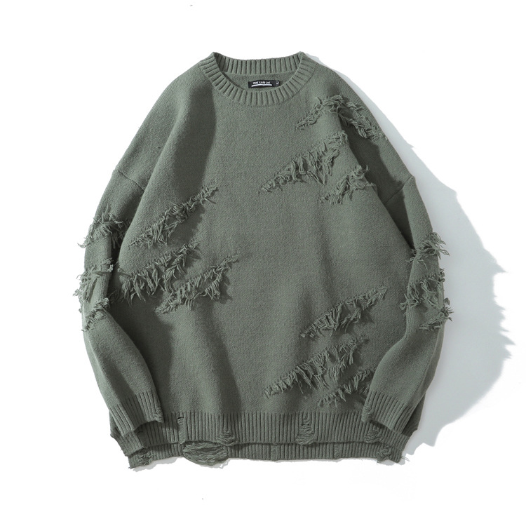 Cut Through The Hole Loose Lazy Style Pullover Sweater Street Fashion Brand Hip Hop Couple Solid Color T-Shirt Coat