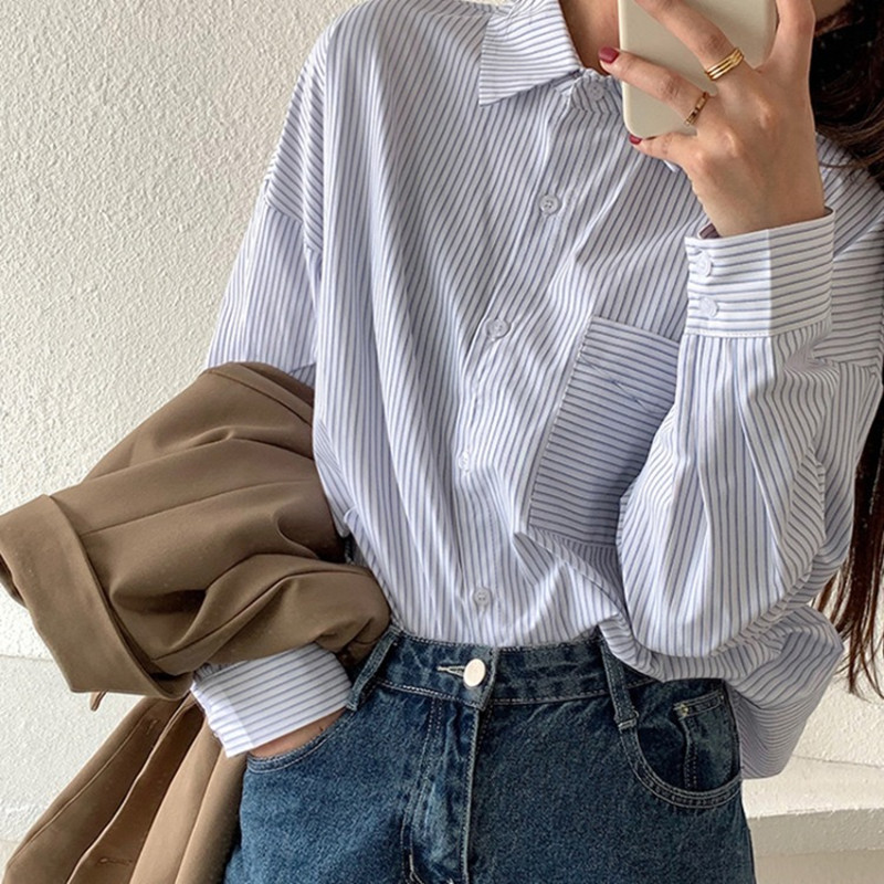Design Sense Versatile Long-sleeved Shirt Striped Shirt
