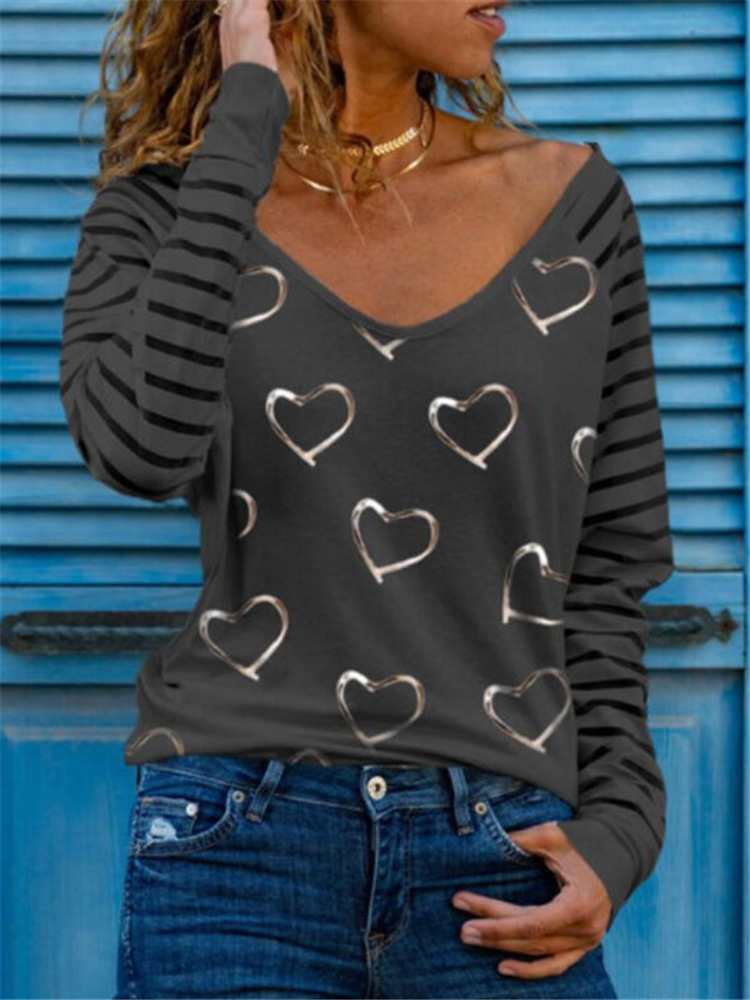 Title 1, Printed V-Neck Long Sleeve All-Match Bottoming ...