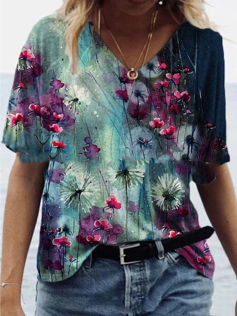 Printed V neck short sleeve T shirt