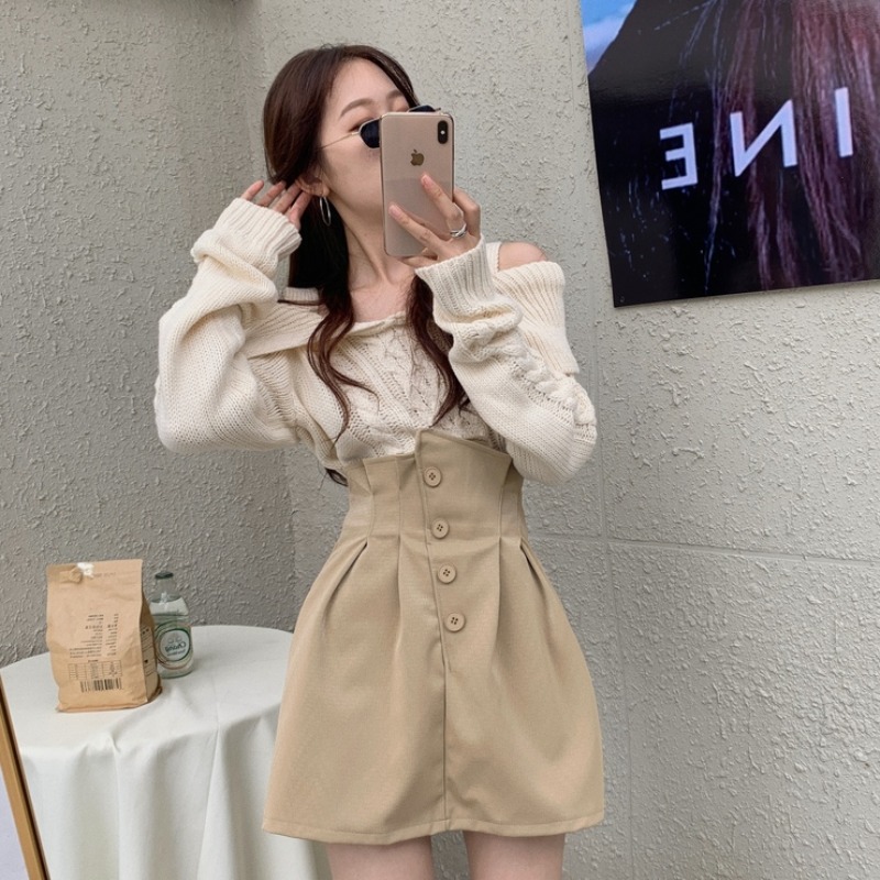 Title 4, Knit Sweater Irregular Leather Skirt Two Piece ...